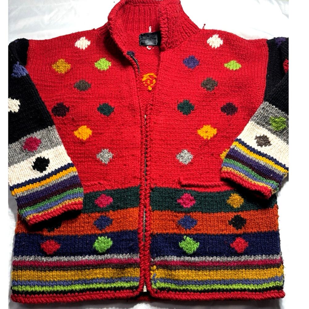 Otavalo Vtg Wool Zip Cardigan Sweater Red Geometric Boho Cabincore Womens Sz Lg